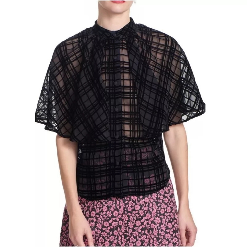 $196 Corey Lynn Calter Chrisley Top Attached Shawl Sheer Black Plaid Velvet S